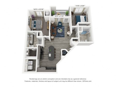 Floor plan for 2 beds, 2 baths, 1049 sqft